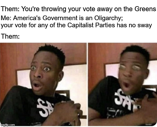 shocked | Them: You're throwing your vote away on the Greens; Me: America's Government is an Oligarchy; your vote for any of the Capitalist Parties has no sway; Them: | image tagged in shocked,oligarchy,american politics,democrats,republicans,green party | made w/ Imgflip meme maker