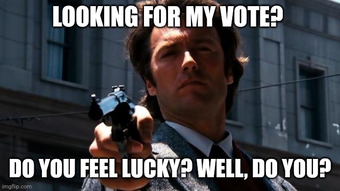 Do you feel lucky? | LOOKING FOR MY VOTE? DO YOU FEEL LUCKY? WELL, DO YOU? | image tagged in do you feel lucky | made w/ Imgflip meme maker