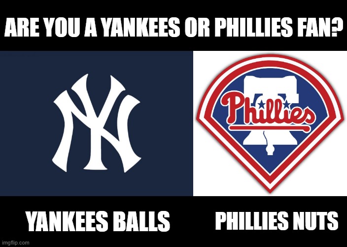 Which Team? | ARE YOU A YANKEES OR PHILLIES FAN? YANKEES BALLS; PHILLIES NUTS | image tagged in new yor yankees | made w/ Imgflip meme maker