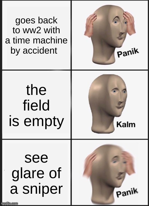 Panik Kalm Panik Meme | goes back to ww2 with a time machine by accident; the field is empty; see glare of a sniper | image tagged in memes,panik kalm panik | made w/ Imgflip meme maker