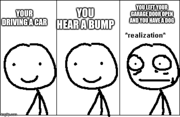 true story | YOU HEAR A BUMP; YOUR DRIVING A CAR; YOU LEFT YOUR GARAGE DOOR OPEN AND YOU HAVE A DOG | image tagged in relize | made w/ Imgflip meme maker