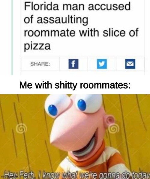 yo ferb get the 12 gauge sausage | Me with shitty roommates: | image tagged in hey ferb | made w/ Imgflip meme maker