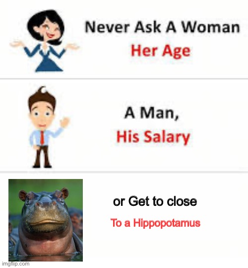 Never ask a woman her age | or Get to close; To a Hippopotamus | image tagged in never ask a woman her age | made w/ Imgflip meme maker