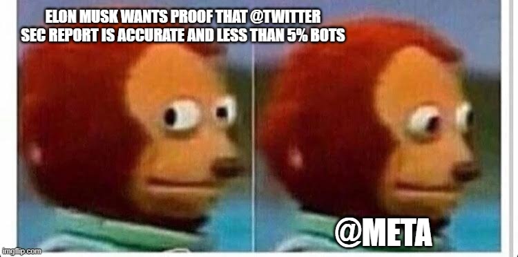 Twitter Bot War, | ELON MUSK WANTS PROOF THAT @TWITTER SEC REPORT IS ACCURATE AND LESS THAN 5% BOTS; @META | image tagged in awkward muppet,twitter,elon musk,meta,facebook,bots | made w/ Imgflip meme maker