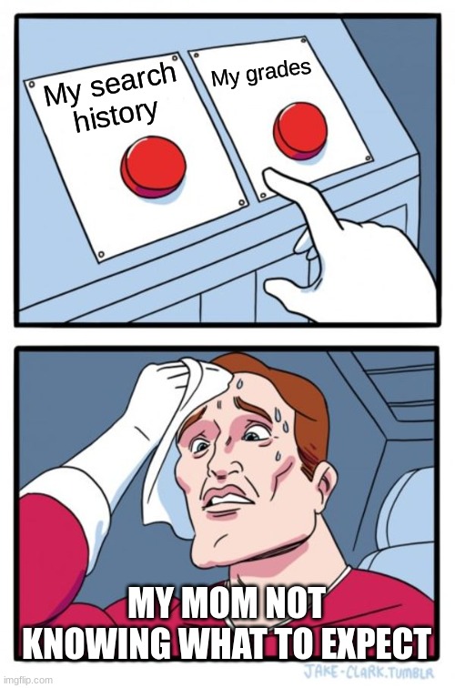THE CHOICE | My grades; My search history; MY MOM NOT KNOWING WHAT TO EXPECT | image tagged in memes,two buttons | made w/ Imgflip meme maker
