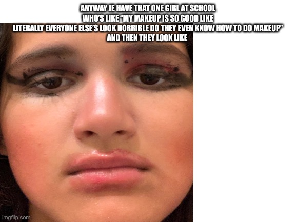 ANYWAY JE HAVE THAT ONE GIRL AT SCHOOL WHO’S LIKE “MY MAKEUP IS SO GOOD LIKE LITERALLY EVERYONE ELSE’S LOOK HORRIBLE DO THEY EVEN KNOW HOW TO DO MAKEUP”
AND THEN THEY LOOK LIKE | made w/ Imgflip meme maker