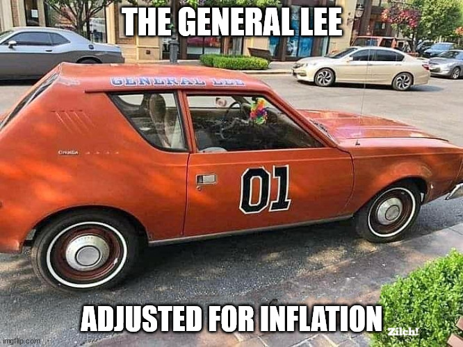 Inflation sized General Lee |  THE GENERAL LEE; ADJUSTED FOR INFLATION | image tagged in general lee mini,inflation,car,dukes,orange | made w/ Imgflip meme maker