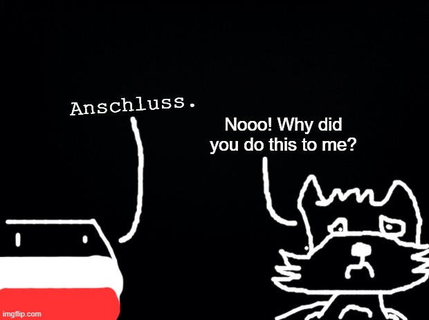 IMPORTANT ANNOUNCEMENT: I sadly won't draw anthropomorphic animals anymore. | Anschluss. Nooo! Why did you do this to me? | image tagged in black background,anthro,sad,polandball,furries | made w/ Imgflip meme maker