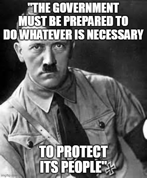 Adolf Hitler | "THE GOVERNMENT MUST BE PREPARED TO DO WHATEVER IS NECESSARY TO PROTECT ITS PEOPLE" | image tagged in adolf hitler | made w/ Imgflip meme maker
