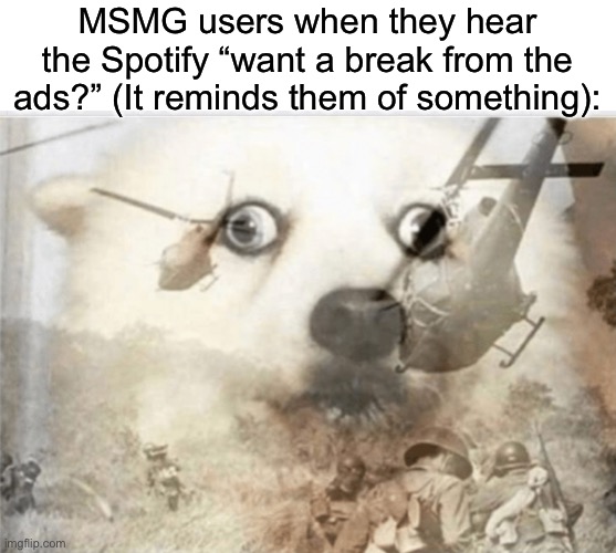 PTSD dog | MSMG users when they hear the Spotify “want a break from the ads?” (It reminds them of something): | image tagged in ptsd dog | made w/ Imgflip meme maker