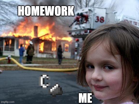 Disaster Girl Meme | HOMEWORK; ME | image tagged in memes,disaster girl | made w/ Imgflip meme maker