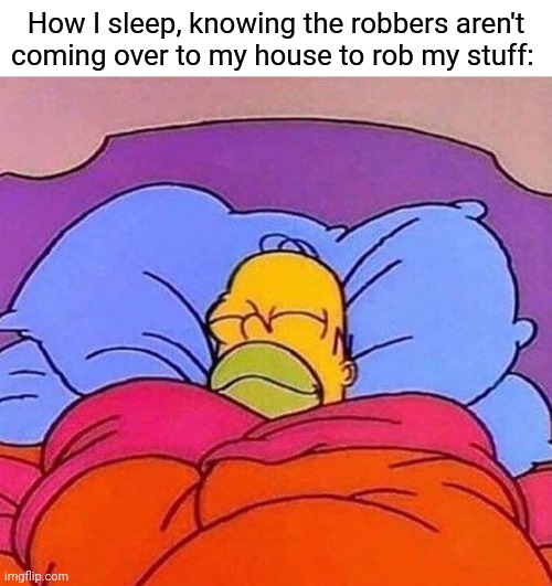 Robbers | How I sleep, knowing the robbers aren't coming over to my house to rob my stuff: | image tagged in homer simpson sleeping peacefully,rob,robbers,memes,meme,robber | made w/ Imgflip meme maker