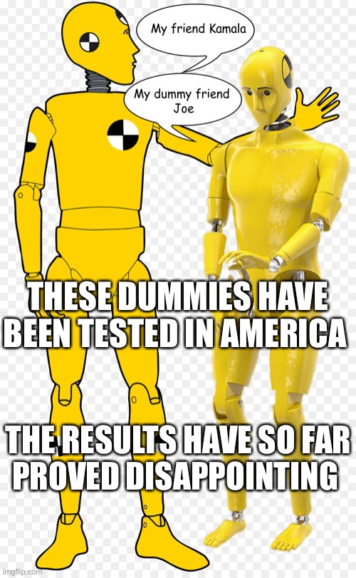 Crash test dummies | THESE DUMMIES HAVE BEEN TESTED IN AMERICA; THE RESULTS HAVE SO FAR
PROVED DISAPPOINTING | image tagged in crash dummies,america,disappointing,biden harris,political | made w/ Imgflip meme maker