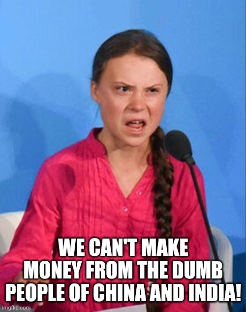 Greta Thunberg how dare you | WE CAN'T MAKE MONEY FROM THE DUMB PEOPLE OF CHINA AND INDIA! | image tagged in greta thunberg how dare you | made w/ Imgflip meme maker