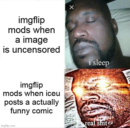 this is so true | imgflip mods when a image is uncensored; imgflip mods when iceu posts a actually funny comic | image tagged in memes,sleeping shaq | made w/ Imgflip meme maker