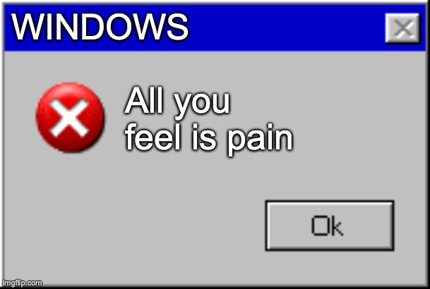 Windows Error Message | WINDOWS All you feel is pain | image tagged in windows error message | made w/ Imgflip meme maker