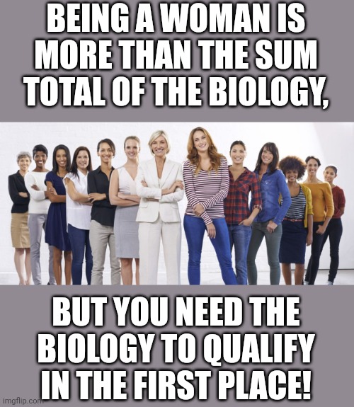 BEING A WOMAN IS MORE THAN THE SUM TOTAL OF THE BIOLOGY, BUT YOU NEED THE BIOLOGY TO QUALIFY IN THE FIRST PLACE! | made w/ Imgflip meme maker