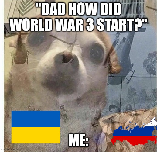 ptsd | "DAD HOW DID WORLD WAR 3 START?"; ME: | image tagged in ptsd chihuahua,world war 3,russia,ukraine,funny,memes | made w/ Imgflip meme maker