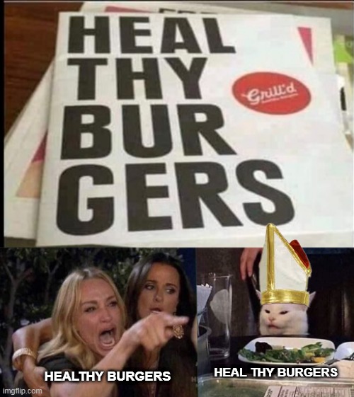 HEALTHY BURGERS; HEAL THY BURGERS | image tagged in woman yelling at cat,memes,funny | made w/ Imgflip meme maker