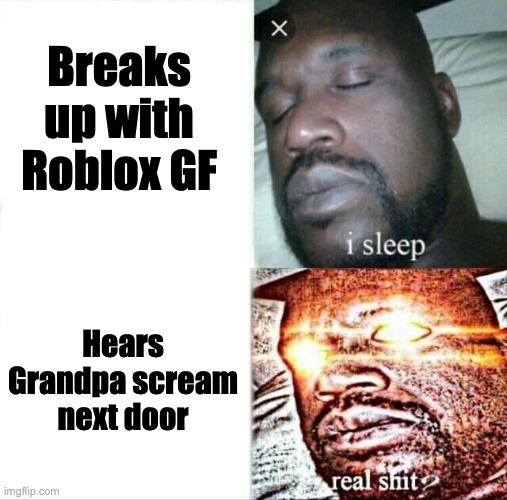 Sleeping Shaq Meme | Breaks up with Roblox GF; Hears Grandpa scream next door | image tagged in memes,sleeping shaq | made w/ Imgflip meme maker