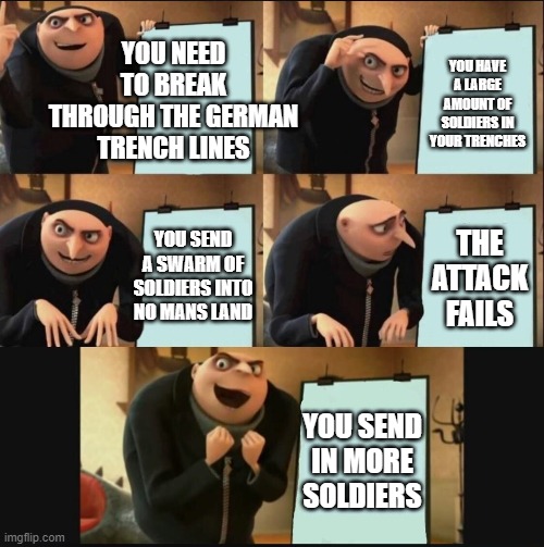 ww1 trench raids | YOU NEED TO BREAK THROUGH THE GERMAN TRENCH LINES; YOU HAVE A LARGE AMOUNT OF SOLDIERS IN YOUR TRENCHES; YOU SEND A SWARM OF SOLDIERS INTO NO MANS LAND; THE ATTACK FAILS; YOU SEND IN MORE SOLDIERS | image tagged in 5 panel gru meme | made w/ Imgflip meme maker