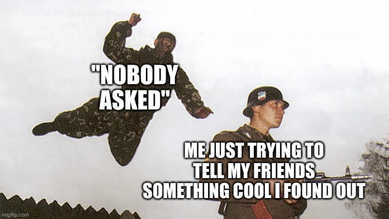le bruh |  "NOBODY ASKED"; ME JUST TRYING TO TELL MY FRIENDS SOMETHING COOL I FOUND OUT | image tagged in soldier getting jumped,bruh | made w/ Imgflip meme maker