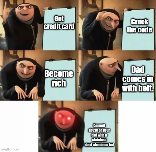 Gru's plan (red eyes edition) | Get credit card Commit abuse on your dad with a stainless steel aluminum bat Crack the code Become rich Dad comes in with belt. | image tagged in gru's plan red eyes edition | made w/ Imgflip meme maker