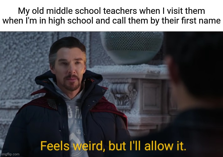 Last school meme until August :D hopefully | My old middle school teachers when I visit them when I'm in high school and call them by their first name | image tagged in feels weird but i'll allow it,school,memes,funny | made w/ Imgflip meme maker