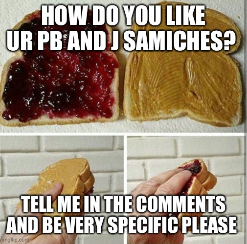 ? |  HOW DO YOU LIKE UR PB AND J SAMICHES? TELL ME IN THE COMMENTS AND BE VERY SPECIFIC PLEASE | image tagged in inside out peanut butter and jelly sandwich,pb,and,j | made w/ Imgflip meme maker