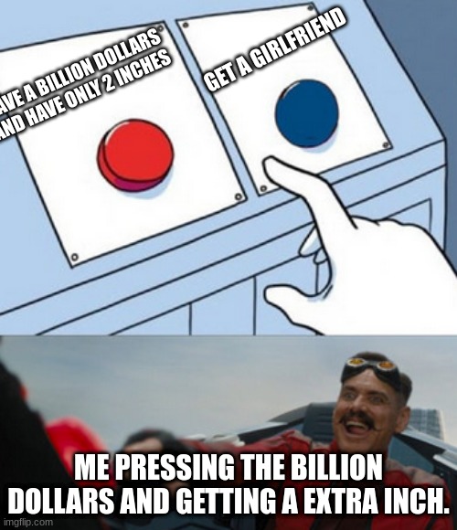 Two buttons one great answer |  GET A GIRLFRIEND; HAVE A BILLION DOLLARS AND HAVE ONLY 2 INCHES; ME PRESSING THE BILLION DOLLARS AND GETTING A EXTRA INCH. | image tagged in dr eggman,obvious choise,sonic movie | made w/ Imgflip meme maker