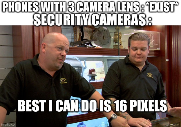 Theres no excuse at this point | PHONES WITH 3 CAMERA LENS : *EXIST*; SECURITY CAMERAS :; BEST I CAN DO IS 16 PIXELS | image tagged in pawn stars best i can do,camera,security,security cameras,memes | made w/ Imgflip meme maker