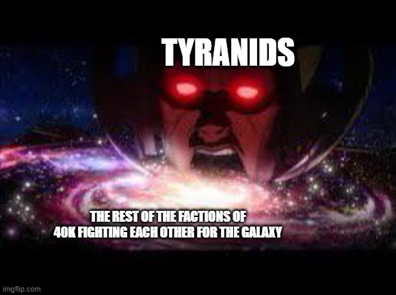 Perspective | TYRANIDS; THE REST OF THE FACTIONS OF 40K FIGHTING EACH OTHER FOR THE GALAXY | image tagged in ultron eats galaxy,warhammer40k,tyranid | made w/ Imgflip meme maker