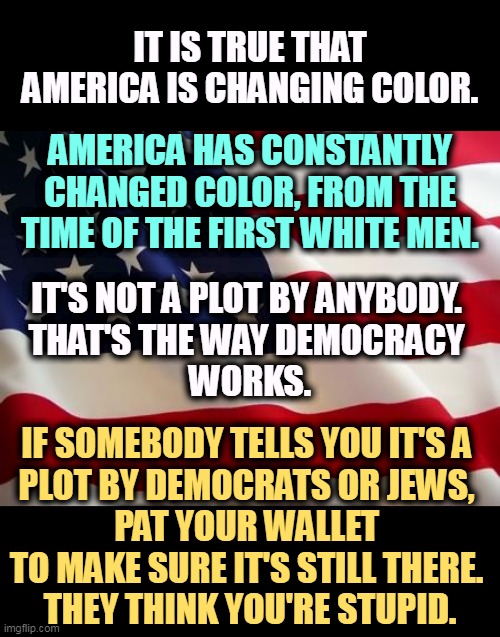 How to spot a pickpocket | IT IS TRUE THAT AMERICA IS CHANGING COLOR. AMERICA HAS CONSTANTLY CHANGED COLOR, FROM THE TIME OF THE FIRST WHITE MEN. IT'S NOT A PLOT BY ANYBODY. 
THAT'S THE WAY DEMOCRACY 
WORKS. IF SOMEBODY TELLS YOU IT'S A 
PLOT BY DEMOCRATS OR JEWS, 
PAT YOUR WALLET 
TO MAKE SURE IT'S STILL THERE. 
THEY THINK YOU'RE STUPID. | image tagged in american flag,america,always,changes,antisemitism,losers | made w/ Imgflip meme maker