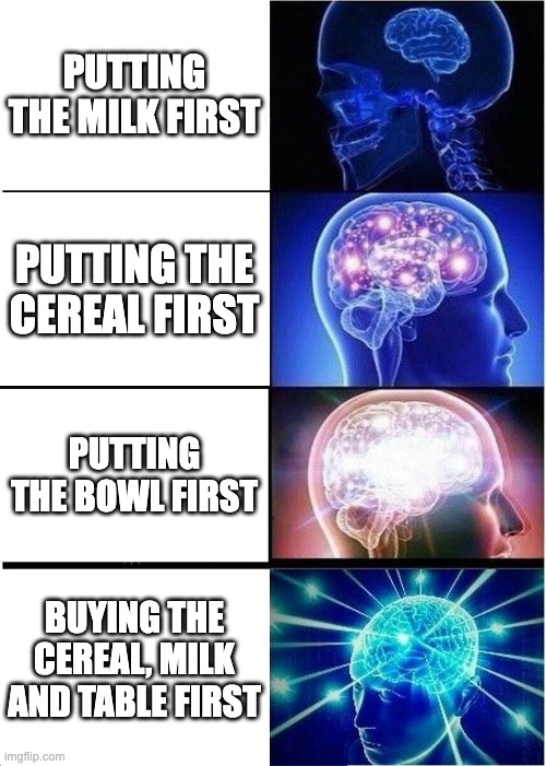 Expanding Brain | PUTTING THE MILK FIRST; PUTTING THE CEREAL FIRST; PUTTING THE BOWL FIRST; BUYING THE CEREAL, MILK AND TABLE FIRST | image tagged in memes,expanding brain | made w/ Imgflip meme maker