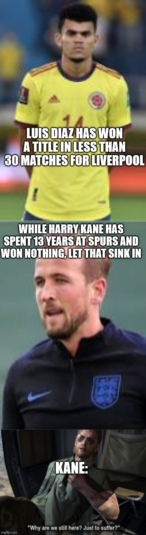 kane deserves better | LUIS DIAZ HAS WON A TITLE IN LESS THAN 30 MATCHES FOR LIVERPOOL; WHILE HARRY KANE HAS SPENT 13 YEARS AT SPURS AND WON NOTHING, LET THAT SINK IN; KANE: | image tagged in why are we still here just to suffer | made w/ Imgflip meme maker