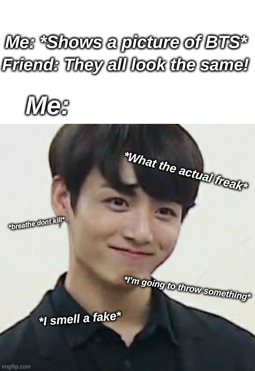  Me: *Shows a picture of BTS*; Friend: They all look the same! Me:; *What the actual freak*; *breathe dont kill*; *I'm going to throw something*; *I smell a fake* | image tagged in bts | made w/ Imgflip meme maker