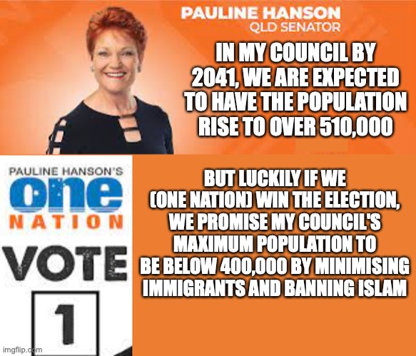 Note Pauline Hanson is from Queensland and I'm not | IN MY COUNCIL BY 2041, WE ARE EXPECTED TO HAVE THE POPULATION RISE TO OVER 510,000; BUT LUCKILY IF WE (ONE NATION) WIN THE ELECTION, WE PROMISE MY COUNCIL'S MAXIMUM POPULATION TO BE BELOW 400,000 BY MINIMISING IMMIGRANTS AND BANNING ISLAM | image tagged in pauline hanson one nation,one nation,pauline hanson,immigrants,islam,overpopulation | made w/ Imgflip meme maker