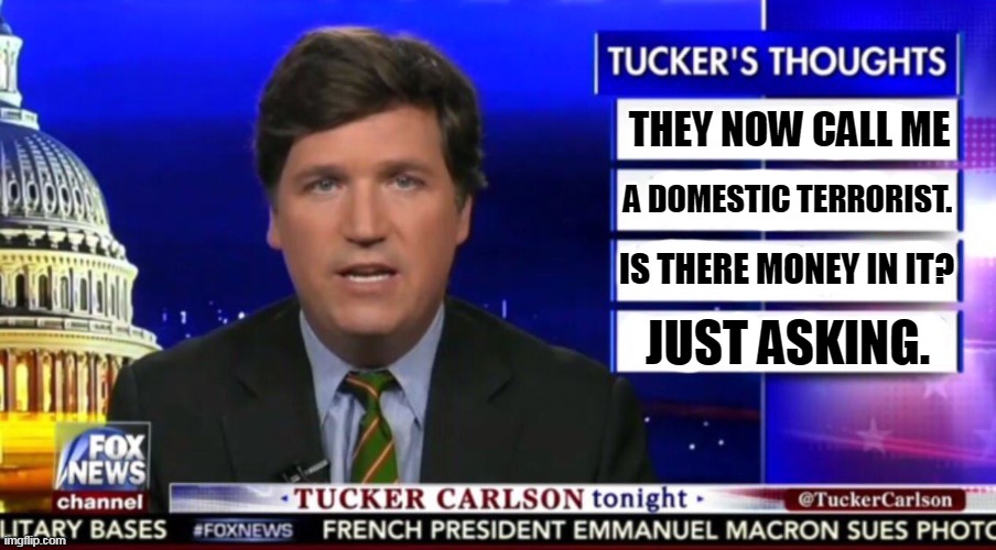 Tucker Carlson, domestic terrorist. | THEY NOW CALL ME; A DOMESTIC TERRORIST. IS THERE MONEY IN IT? JUST ASKING. | image tagged in tucker carlson,domestic,terrorist,laughing terrorist,greedy | made w/ Imgflip meme maker