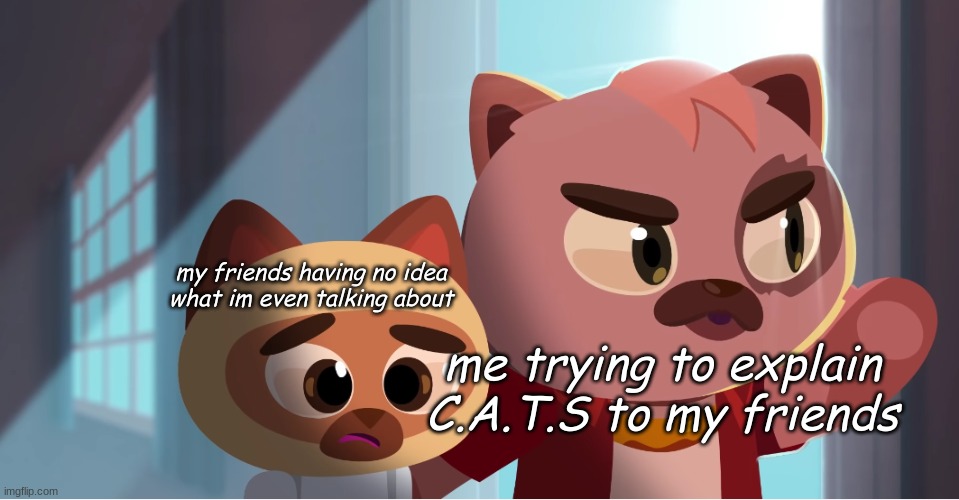 eh | my friends having no idea what im even talking about; me trying to explain C.A.T.S to my friends | image tagged in crash arena turbo stars,cats | made w/ Imgflip meme maker