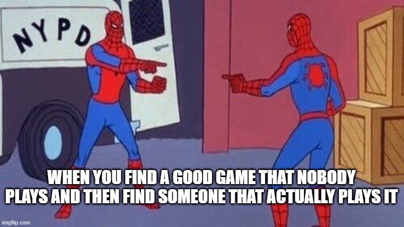 spiderman pointing at spiderman | WHEN YOU FIND A GOOD GAME THAT NOBODY PLAYS AND THEN FIND SOMEONE THAT ACTUALLY PLAYS IT | image tagged in spiderman pointing at spiderman | made w/ Imgflip meme maker