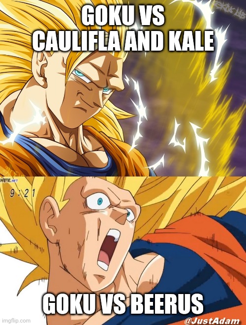 Goku |  GOKU VS CAULIFLA AND KALE; GOKU VS BEERUS | image tagged in dragon ball super | made w/ Imgflip meme maker