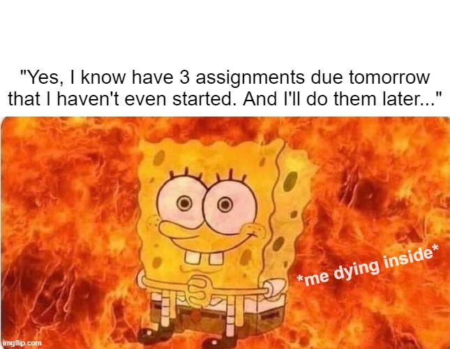 Why can't I just get my work started :( | "Yes, I know have 3 assignments due tomorrow that I haven't even started. And I'll do them later..."; *me dying inside* | image tagged in spongebob in flames | made w/ Imgflip meme maker
