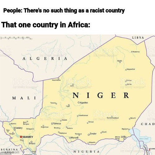 Niger | People: There's no such thing as a racist country; That one country in Africa: | image tagged in memes,n word,africa,racist,country | made w/ Imgflip meme maker