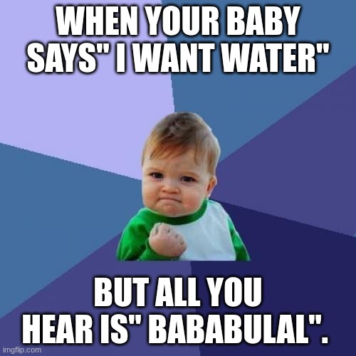 Baby talk | WHEN YOUR BABY SAYS" I WANT WATER"; BUT ALL YOU HEAR IS" BABABULAL". | image tagged in memes,success kid | made w/ Imgflip meme maker