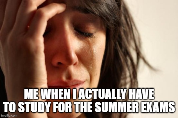 First World Problems |  ME WHEN I ACTUALLY HAVE TO STUDY FOR THE SUMMER EXAMS | image tagged in memes,first world problems | made w/ Imgflip meme maker