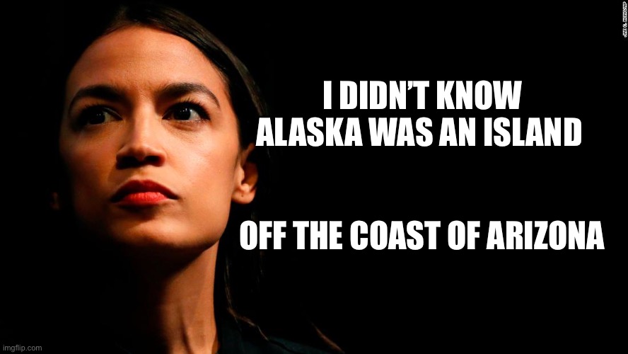 ocasio-cortez super genius | I DIDN’T KNOW ALASKA WAS AN ISLAND OFF THE COAST OF ARIZONA | image tagged in ocasio-cortez super genius | made w/ Imgflip meme maker