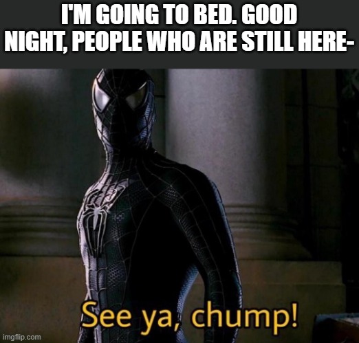 See ya, chump | I'M GOING TO BED. GOOD NIGHT, PEOPLE WHO ARE STILL HERE- | image tagged in see ya chump | made w/ Imgflip meme maker