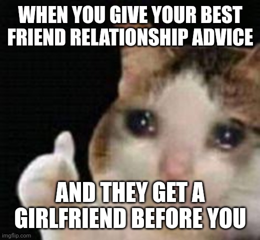 Relationship advice |  WHEN YOU GIVE YOUR BEST FRIEND RELATIONSHIP ADVICE; AND THEY GET A GIRLFRIEND BEFORE YOU | image tagged in approved crying cat,relationships,relationship,girlfriend | made w/ Imgflip meme maker