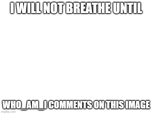 Blank White Template | I WILL NOT BREATHE UNTIL; WHO_AM_I COMMENTS ON THIS IMAGE | image tagged in blank white template | made w/ Imgflip meme maker