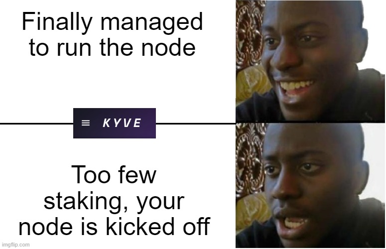 Disappointed Black Guy | Finally managed to run the node; Too few staking, your node is kicked off | image tagged in disappointed black guy | made w/ Imgflip meme maker